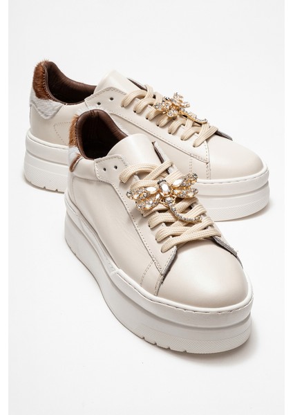 Laren Ekru Cilt Hakiki Deri Tokalı Kadın Günlük Spor Ayakkabı