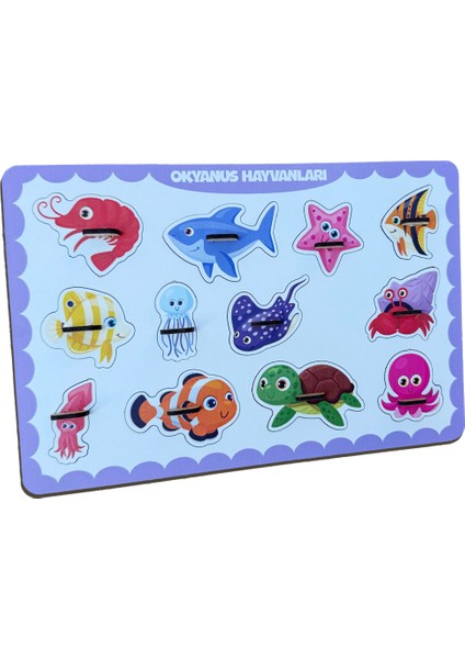 Okyanus Hayvanları Ahşap Puzzle – 12 Parça Kulplu Yuvalı Eğitici Yapboz (29×18 Cm, Okul Öncesi )