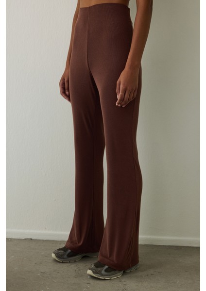 Cappuccino Modal Yüksek Bel Fitilli İspanyol Paça Tayt