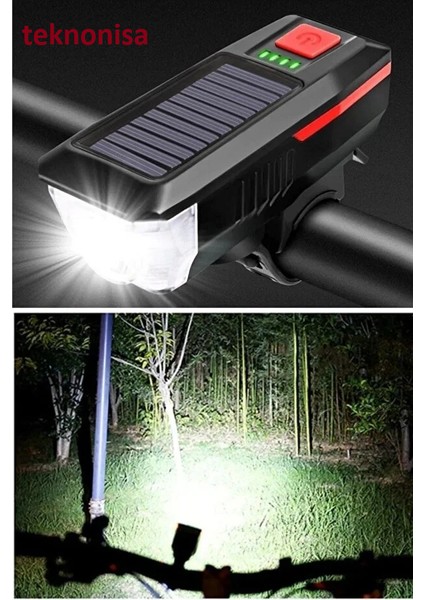 Solar Enerjili Bisiklet Işığı Ön Farı Bisiklet Kornası Su Geçirmez Güneş Enerjili USB Şarjlı Fener