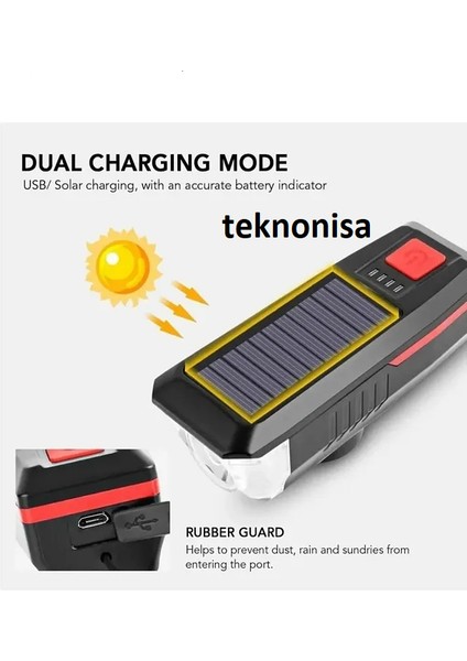 Solar Enerjili Bisiklet Işığı Ön Farı Bisiklet Kornası Su Geçirmez Güneş Enerjili USB Şarjlı Fener modelleri