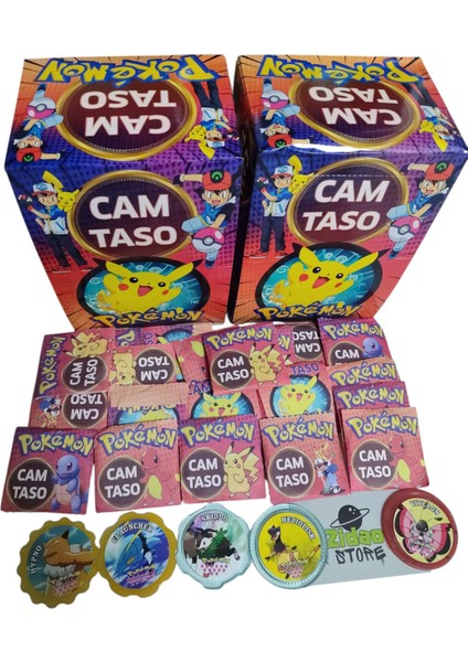 Pokemon Cam Taso 20 Adet Koleksiyon Tasoları Hediyeli Paket ve Mini Sürpriz Oyuncak ile Gönderim
