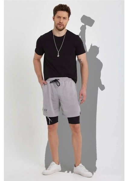 Unisex Baskılı İç Cepli Sporcu Alt Taytlı Şort - Gri fiyatları