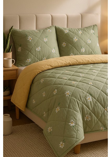 Yeşil Papatya Çift Kişilik Pamuklu Kapitone Pike & Yatak Örtüsü
