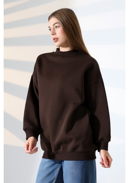 Yarım Balıkçı Yaka Oversize Geniş Kesim Pamuklu Yumuşak Dokulu Basic Kadın Tunik Sweatshirt 21910 Kahve