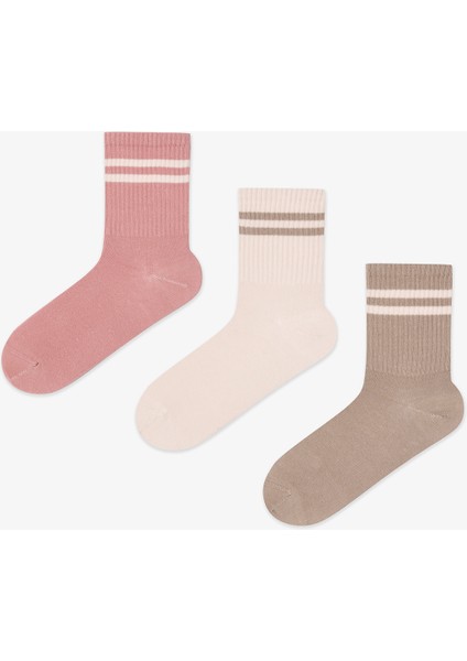 3 Çift Pamuklu Çizgili Ribli Soket Çorap