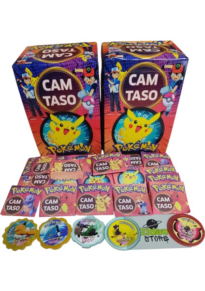 Pokemon Cam Taso 40 Adet Koleksiyon Tasoları Hediyeli Paket ve Mini Sürpriz Oyuncak ile Gönderim