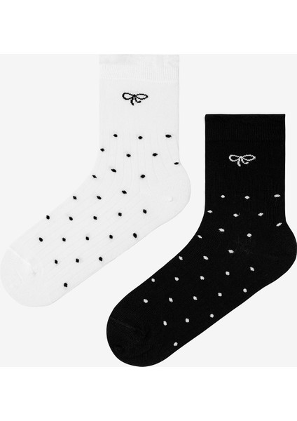 2 Çift Pamuklu Puantiye Desenli ve Fiyonk Detaylı Fırfırlı Soket Çorap