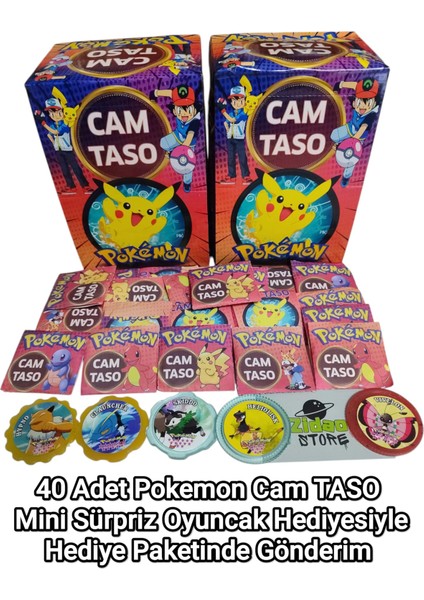 Pokemon Cam Taso 40 Adet Koleksiyon Tasoları Hediyeli Paket ve Mini Sürpriz Oyuncak ile Gönderim fiyatları