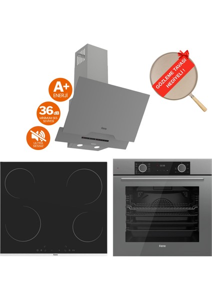 Fryart Silver Vitroseramik Elektrikli Gri Ankastre Set ( D065-SA Sessiz + MS261 + XE63CPR)