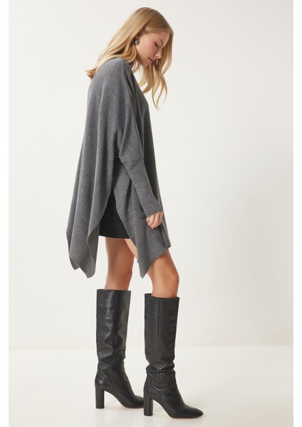 Yandan Yırtmaçlı Oversize Panço Kazak LYY0016 Füme