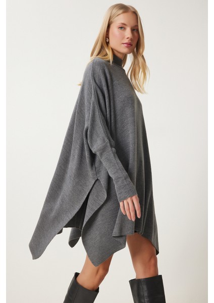 Yandan Yırtmaçlı Oversize Panço Kazak LYY0016 Füme fiyatları