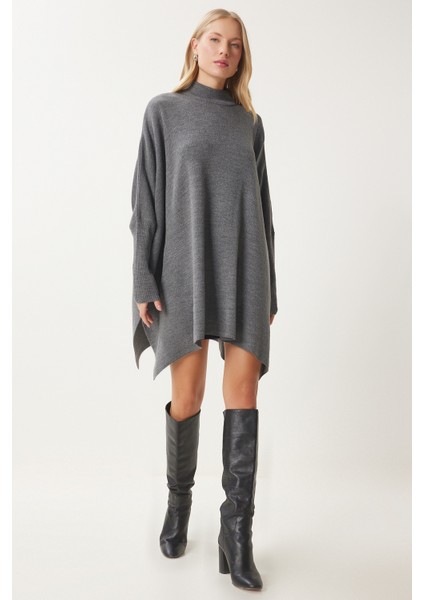 Yandan Yırtmaçlı Oversize Panço Kazak LYY0016 Füme modelleri