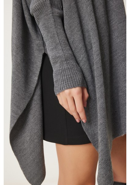 Yandan Yırtmaçlı Oversize Panço Kazak LYY0016 Füme indirimleri