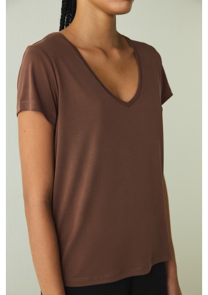 Cappuccino V Yaka Kısa Kollu Modal Tişört modelleri