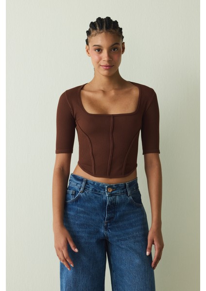 Cappuccino Dikişsiz Kare Yaka Kısa Kollu Crop Tişört fırsatları