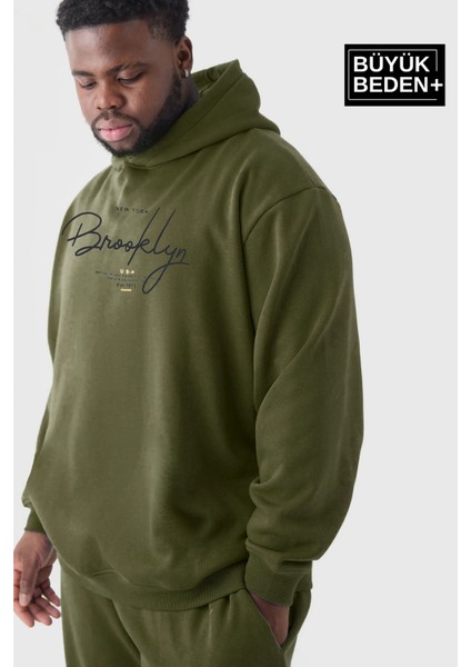 Erkek El Yazılı Brooklyn Baskılı Büyük Beden Ince Kapşonlu Swatshırt SPR25BSW58 fiyatları