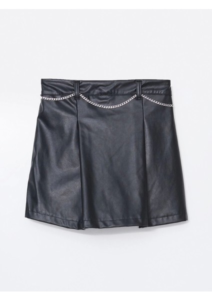 Lcw Kids Siyah Beli Lastikli Deri Görünümlü Kız Çocuk Şort Etek