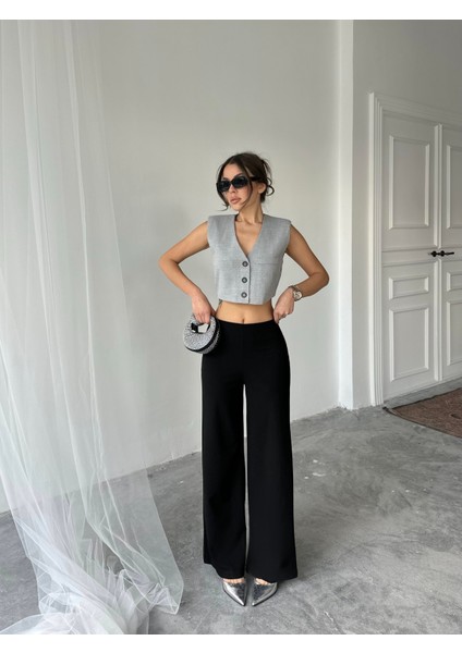 Yandan Fermuarlı Esnek Yüksek Bel Bol Paça Pallazo Pantolon