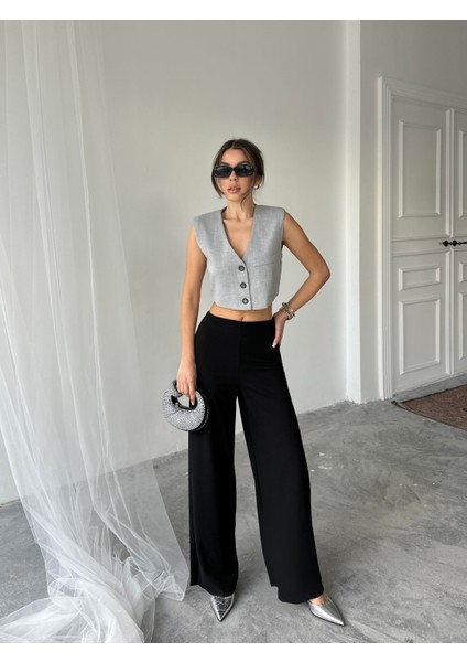 Yandan Fermuarlı Esnek Yüksek Bel Bol Paça Pallazo Pantolon