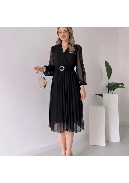 Kadın Şifon Kumaş Astalı Kloş Kesim Kruvaze Yaka Idi Boy Elbise