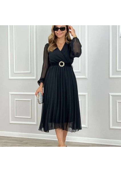 Kadın Şifon Kumaş Astalı Kloş Kesim Kruvaze Yaka Idi Boy Elbise fiyatları