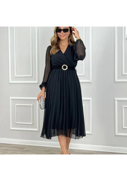 Kadın Şifon Kumaş Astalı Kloş Kesim Kruvaze Yaka Idi Boy Elbise modelleri