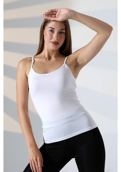 Slim Fit Dar Kesim Ince Askılı U Yaka Yumuşak Dokulu Basic Kadın Body Atlet 22001 Beyaz