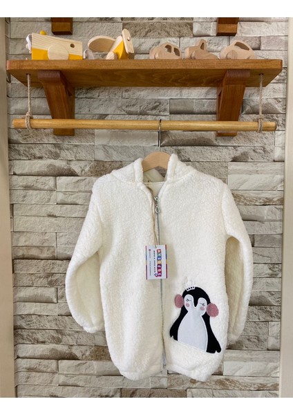 Aysbebe Kız Çocuk Penguen Nakışlı Welsoft Hırka Kapşonlu