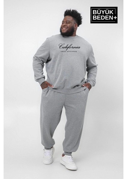 Erkek El Yazılı California Baskılı Büyük Beden Ince Bisiklet Yaka Swatshırt SPR25BSW63
