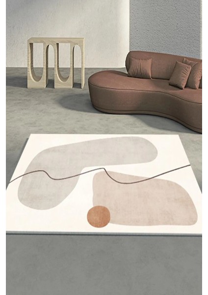 Dijital Baskılı Kaymaz Taban Yıkanabilir Modern Gri Geçişli Krem Salon HALI-YOLLUK-DC-7069