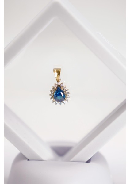 14 Ayar Altın London Topaz ve Zirkon Taşlı Çiçek Formlu Şık Kolye Ucu