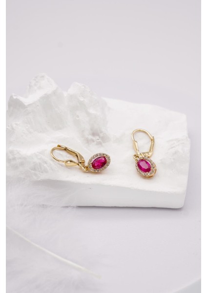Pembe Zirkon Taşlı 14 Ayar Altın Küpe | Oval Kesim Işıltılı Kanca Model