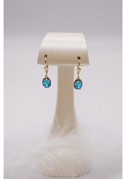 Mavi Topaz Taşlı 14 Ayar Altın Küpe | Işıltılı ve Kancalı Şık Model