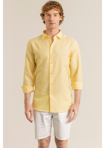 Erkek Sarı %100 Keten Modern Fit Cepsiz Gömlek