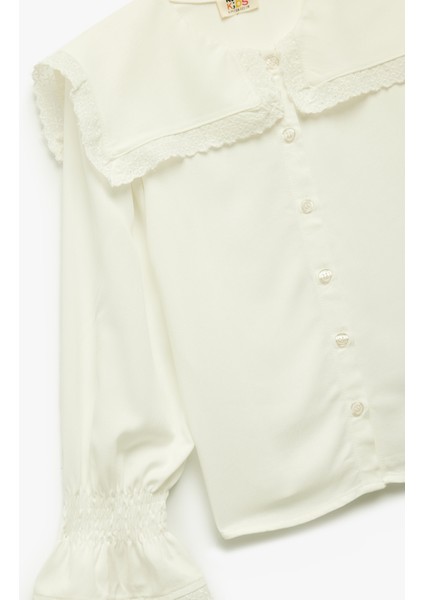 Viskon Uzun Kollu Büzgülü Oversize Düğmeli Dantel Detaylı Kare Bebe Yaka Gömlek modelleri