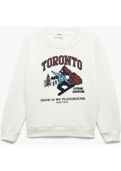 Şardonlu Uzun Kollu Bisiklet Yaka Baskılı Sweatshirt