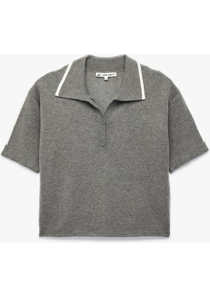 Biyeli Düğmeli Polo Yaka Kısa Kollu Triko Kazak