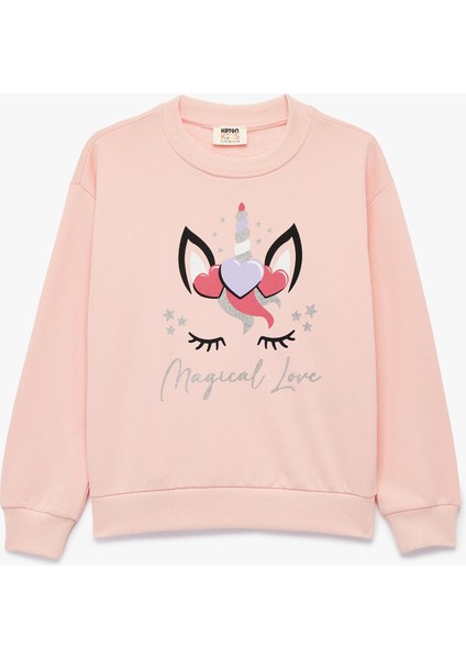 Simli Unicorn Baskılı Şardonlu Uzun Kollu Bisiklet Yaka Sweatshirt