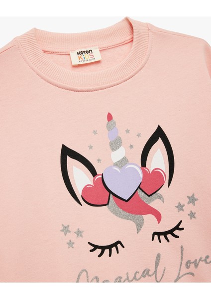 Simli Unicorn Baskılı Şardonlu Uzun Kollu Bisiklet Yaka Sweatshirt modelleri