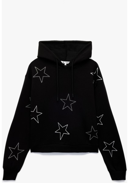 Şardonlu Uzun Kollu Kapüşonlu Oversize Taşlı Sweatshirt