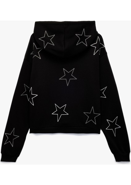 Şardonlu Uzun Kollu Kapüşonlu Oversize Taşlı Sweatshirt fiyatları