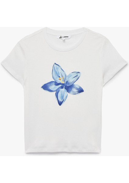 Kısa Kollu Bisiklet Yaka Pamuklu Çiçek Baskılı Tişört