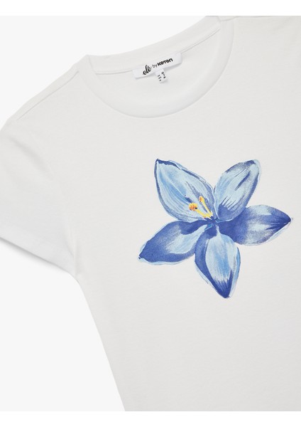Kısa Kollu Bisiklet Yaka Pamuklu Çiçek Baskılı Tişört modelleri