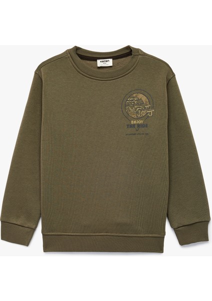 Şardonlu Uzun Kollu Bisiklet Yaka Baskılı Sweatshirt