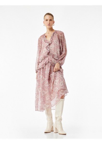 Etnik Desenli Uzun Kollu V Yaka Fırfırlı Midi Boy Şifon Elbise