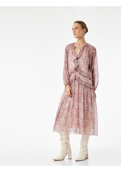 Etnik Desenli Uzun Kollu V Yaka Fırfırlı Midi Boy Şifon Elbise fiyatları