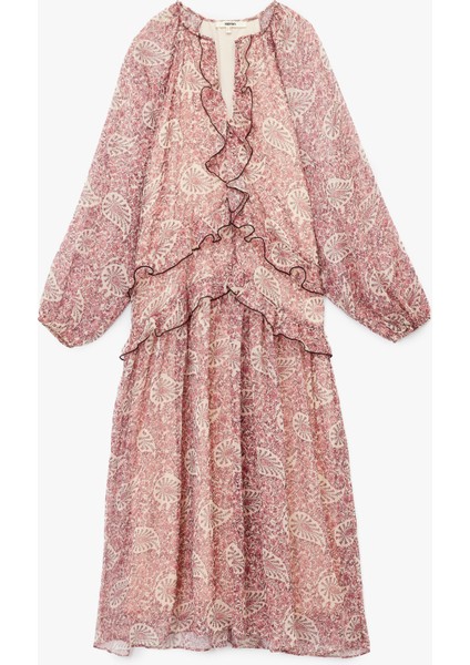 Etnik Desenli Uzun Kollu V Yaka Fırfırlı Midi Boy Şifon Elbise modelleri