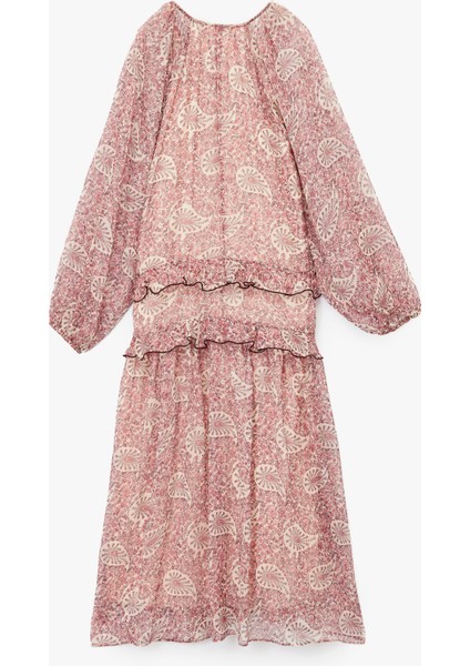 Etnik Desenli Uzun Kollu V Yaka Fırfırlı Midi Boy Şifon Elbise fırsatları