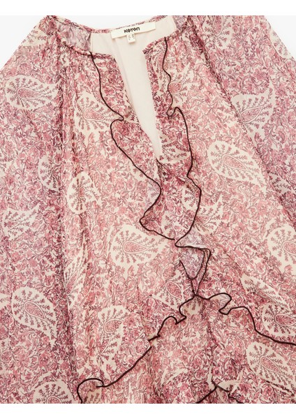 Etnik Desenli Uzun Kollu V Yaka Fırfırlı Midi Boy Şifon Elbise indirimleri